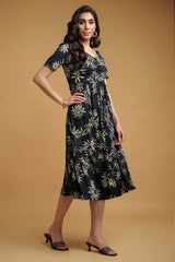 Black-Yellow Poly Lycra Regular Sleeve Leaf Print Dress