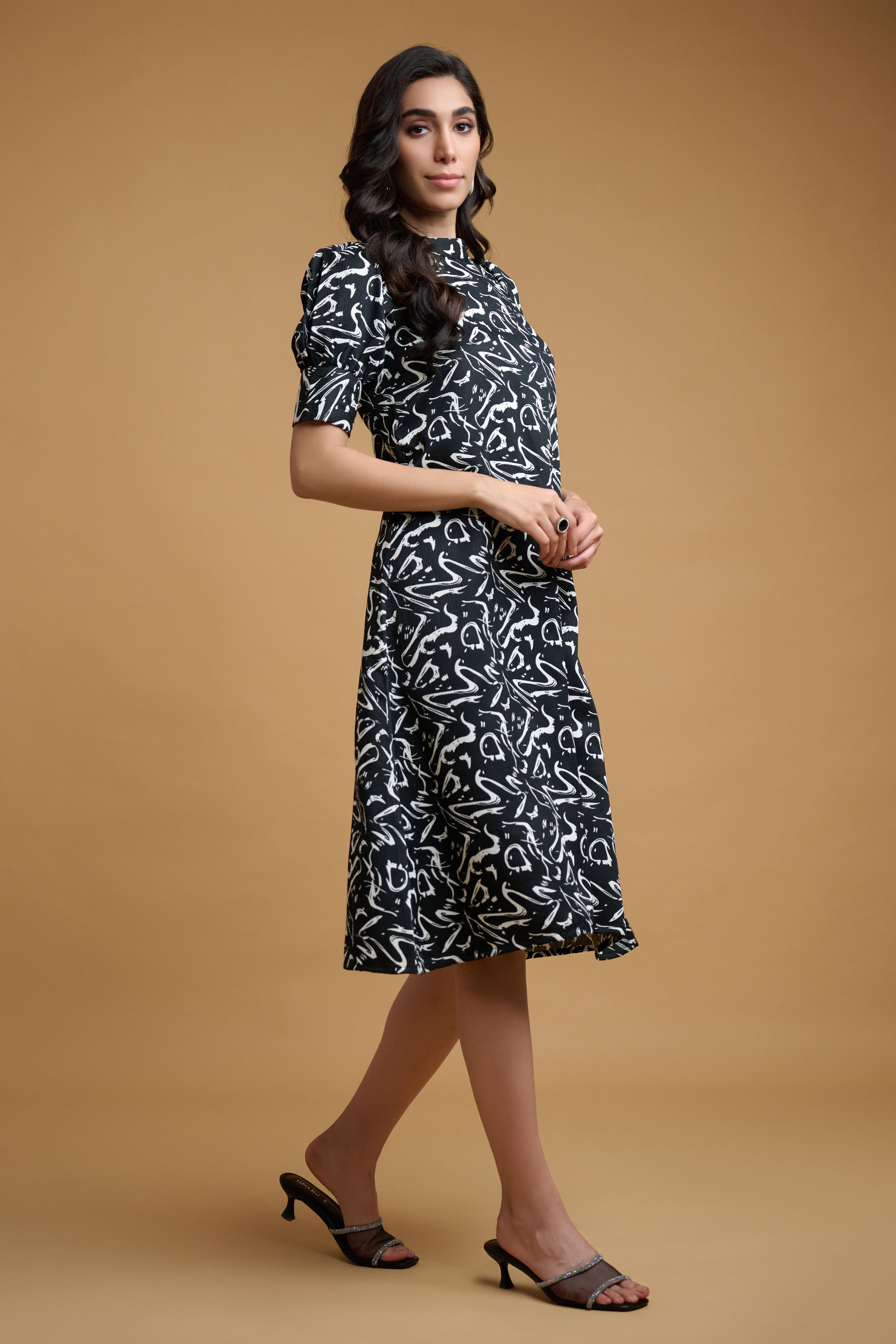 Black White Wrinkle Satin Abstract Cuff Sleeve Dress