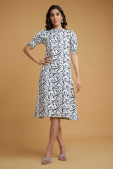 White-Black Wrinkle Satin Round Neck Cuff Sleeve Abstract Knee Length Dress