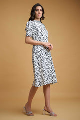 White-Black Wrinkle Satin Round Neck Cuff Sleeve Abstract Knee Length Dress