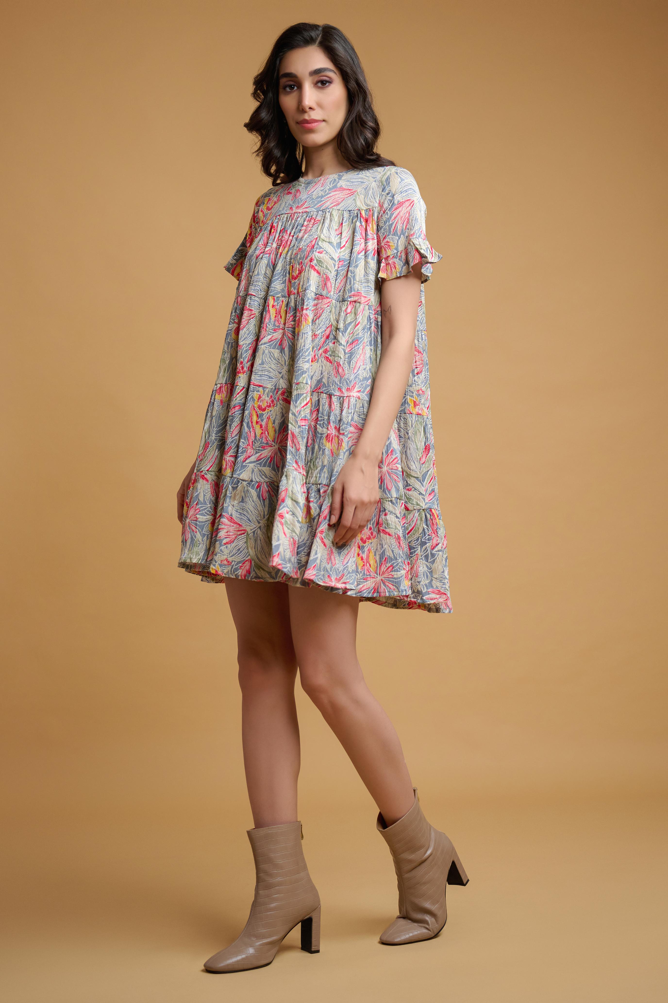 olive Green Pink Poly Crepe Floral Print Ruffle Sleeve Dress