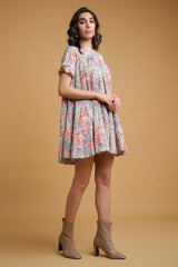 olive Green Pink Poly Crepe Floral Print Ruffle Sleeve Dress