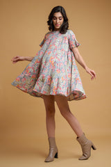 olive Green Pink Poly Crepe Floral Print Ruffle Sleeve Dress