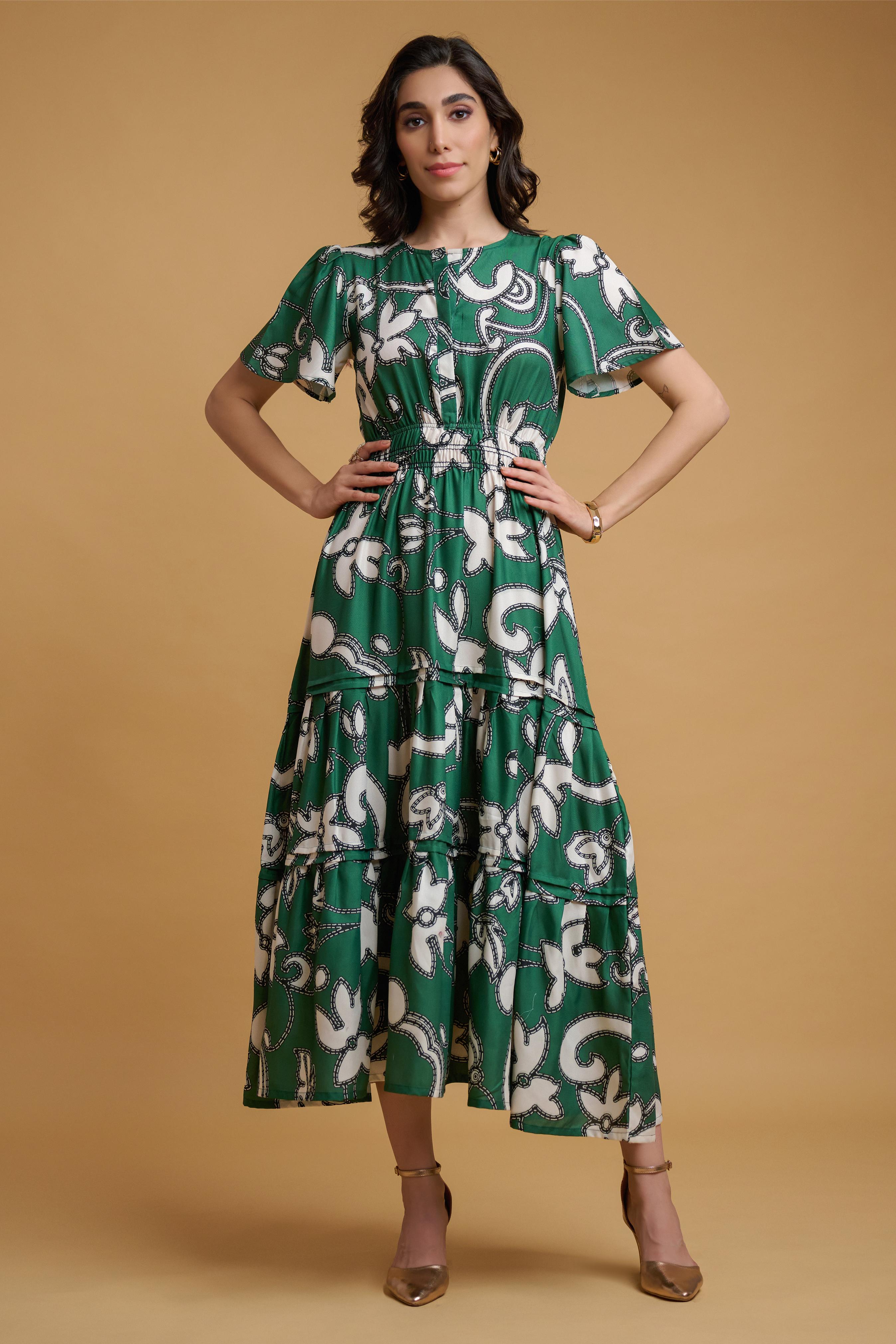 Green Poly Rayon Leaf Print Regular Sleeve Dress