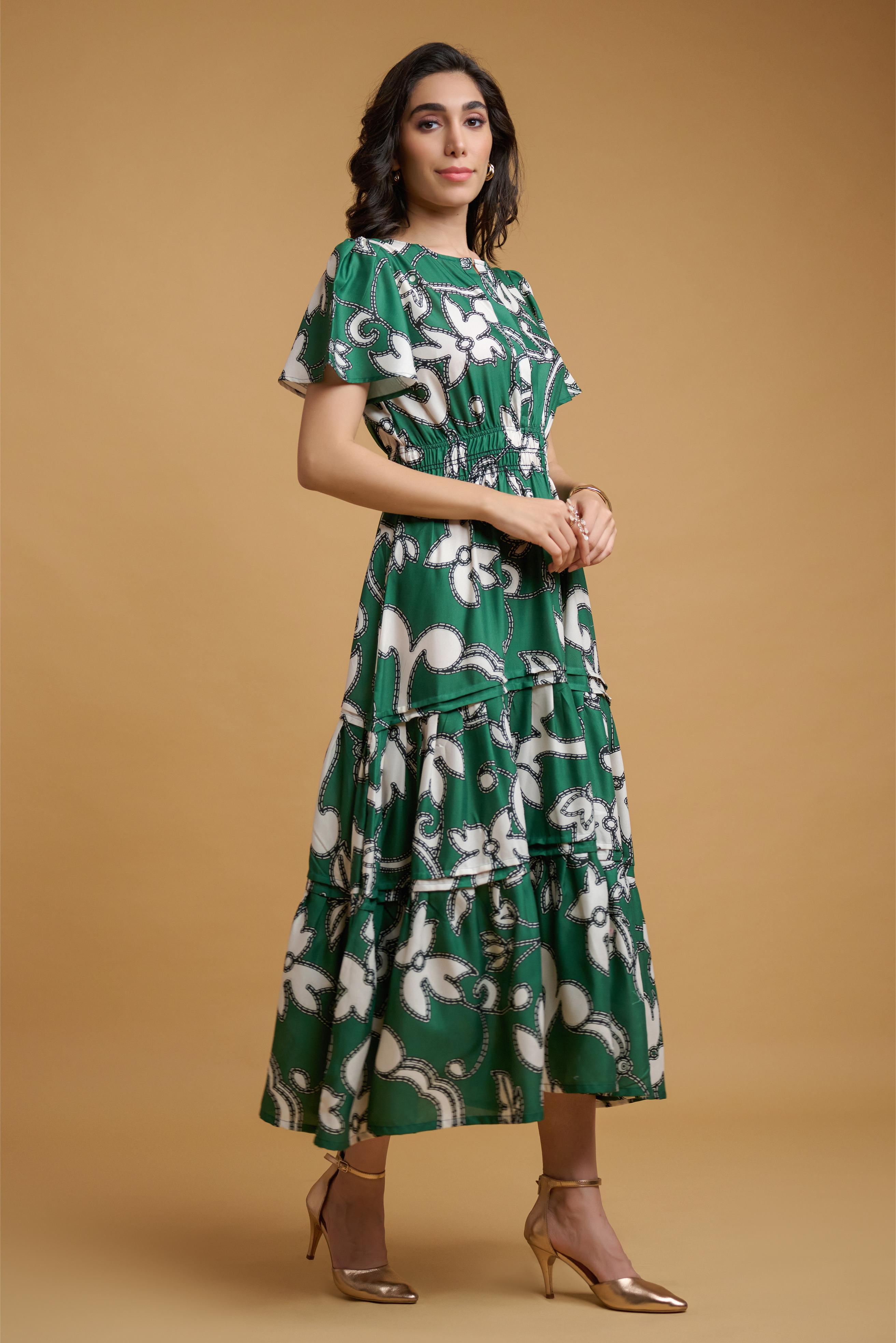 Green Poly Rayon Leaf Print Regular Sleeve Dress
