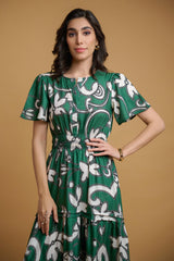 Green Poly Rayon Leaf Print Regular Sleeve Dress