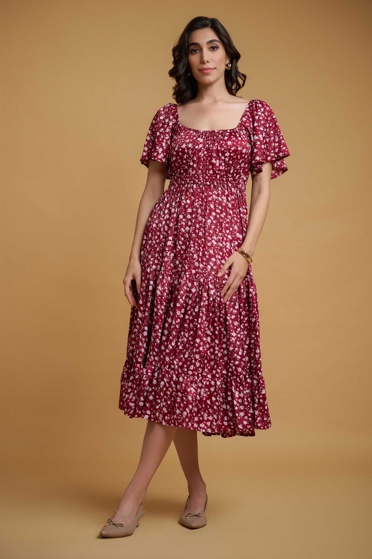 Maroon Poly Crepe Ruffle Sleeve Floral Print Dress