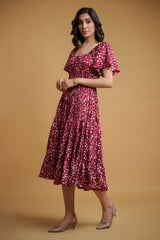 Maroon Poly Crepe Ruffle Sleeve Floral Print Dress