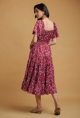 Maroon Poly Crepe Ruffle Sleeve Floral Print Dress