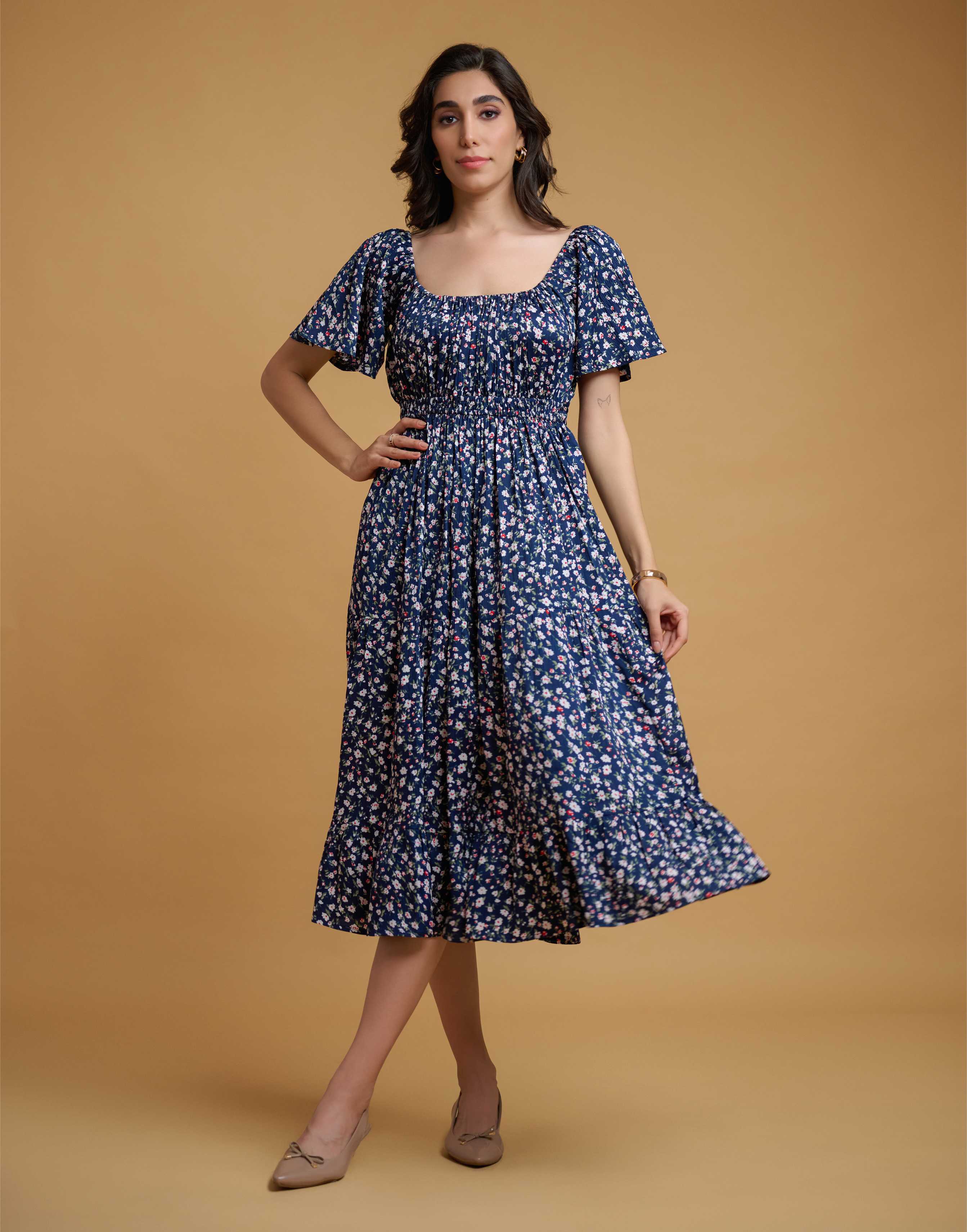 Blue Poly Crepe Ruffle Sleeve Floral Print Dress