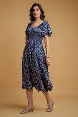 Blue Poly Crepe Ruffle Sleeve Floral Print Dress