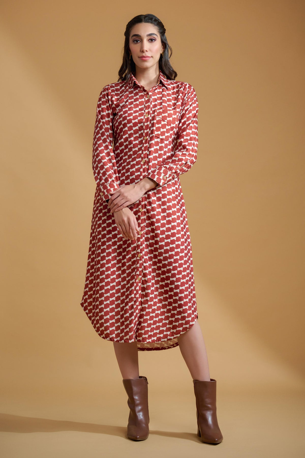 Maroon Poly Rayon Square Cuff Sleeve Dress