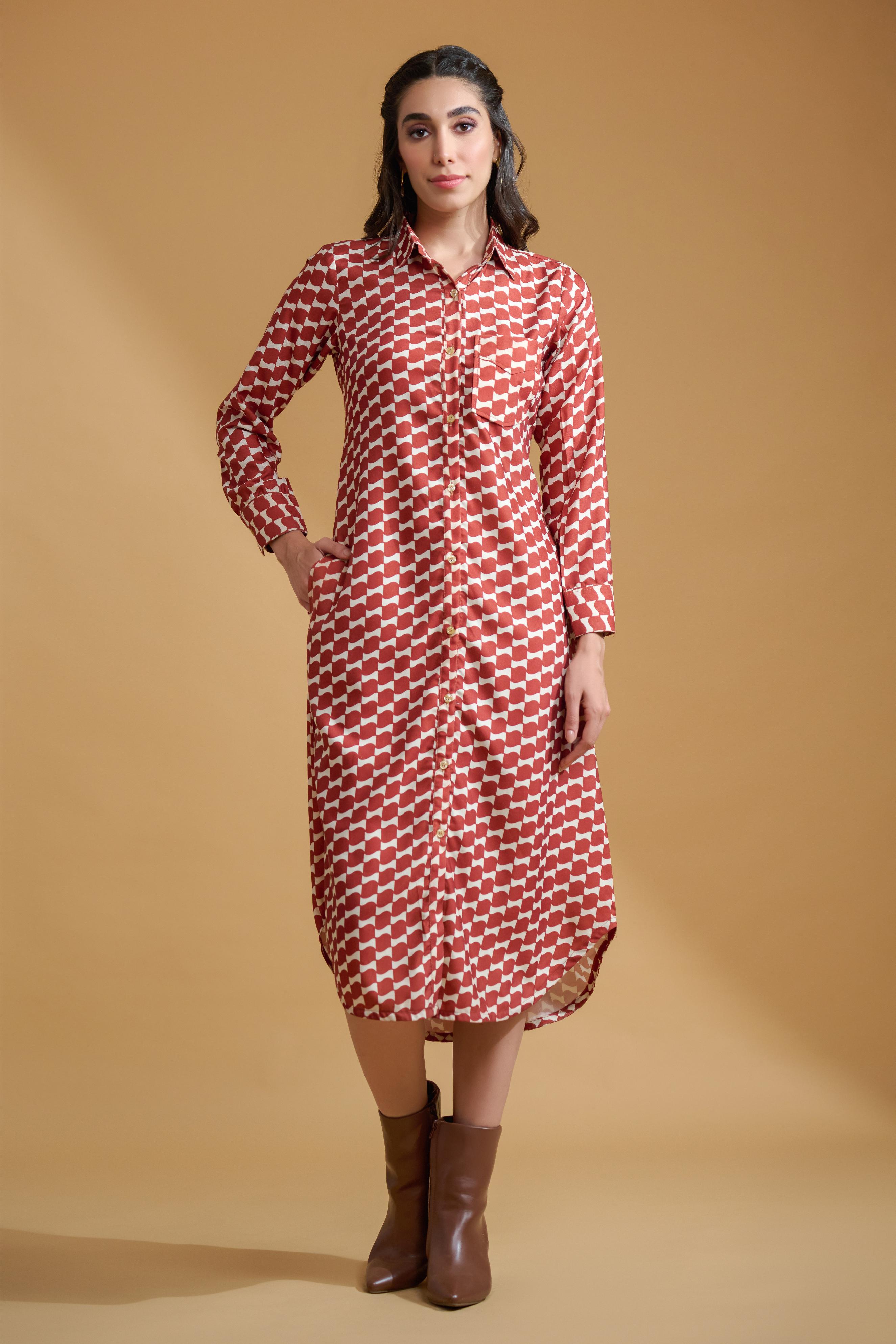 Maroon Poly Rayon Square Cuff Sleeve Dress