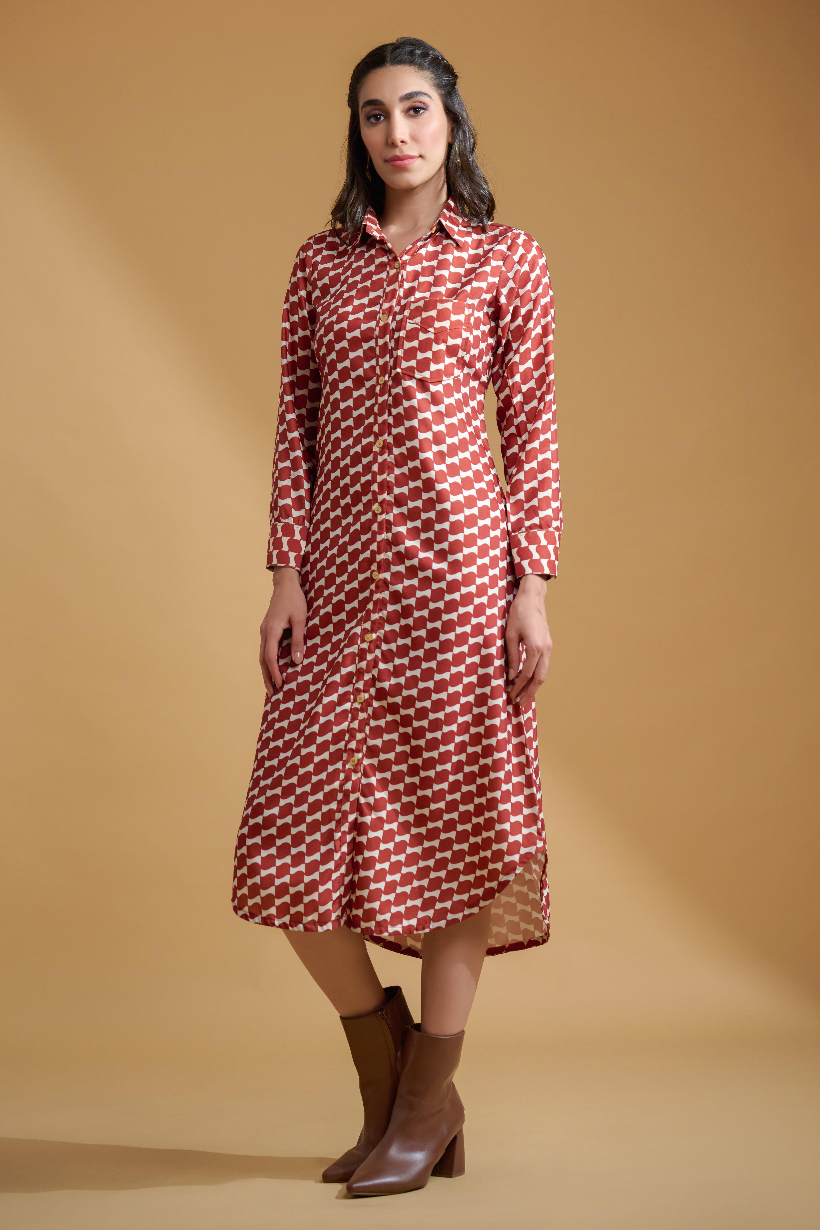 Maroon Poly Rayon Square Cuff Sleeve Dress