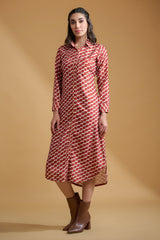 Maroon Poly Rayon Square Cuff Sleeve Dress