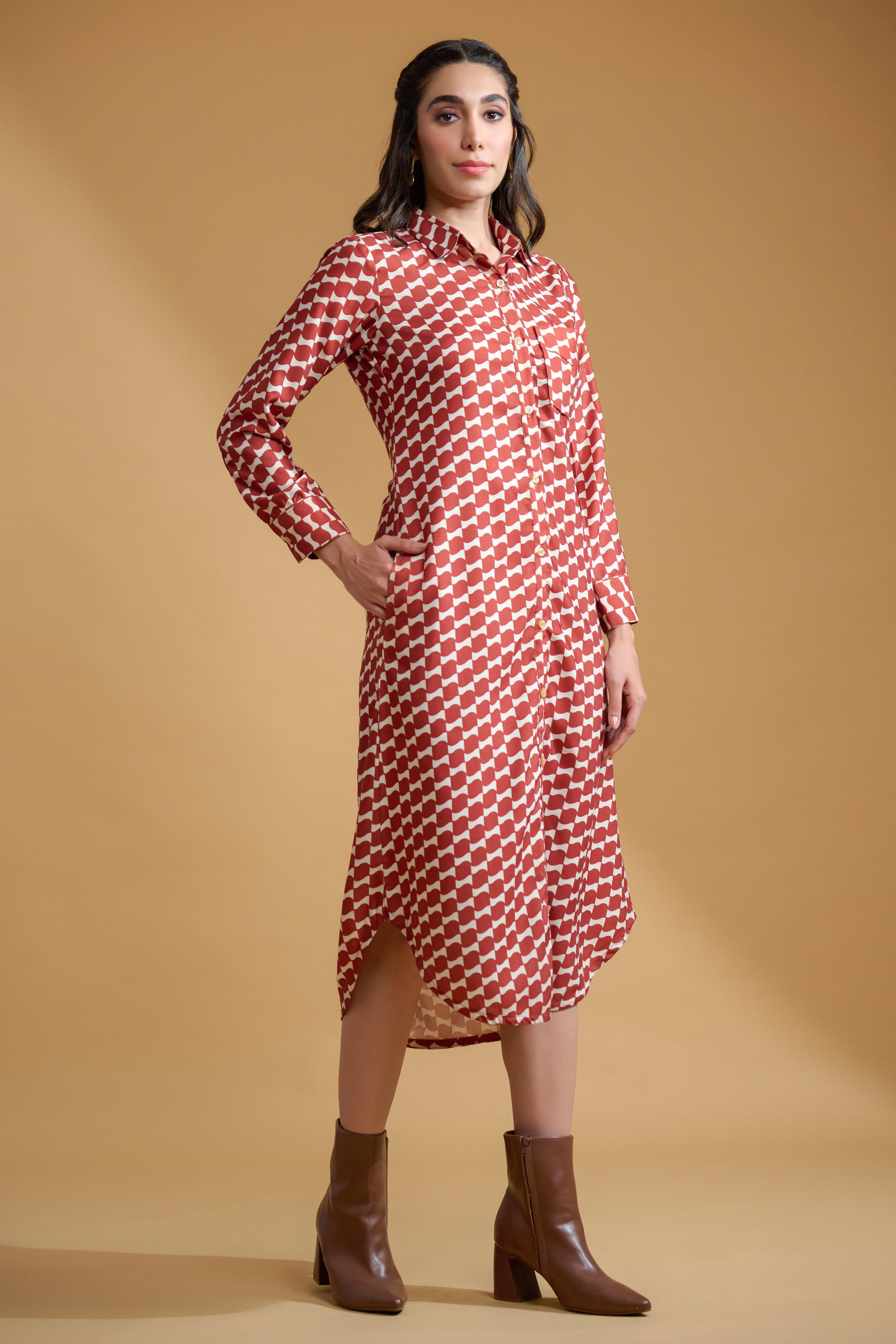 Maroon Poly Rayon Square Cuff Sleeve Dress