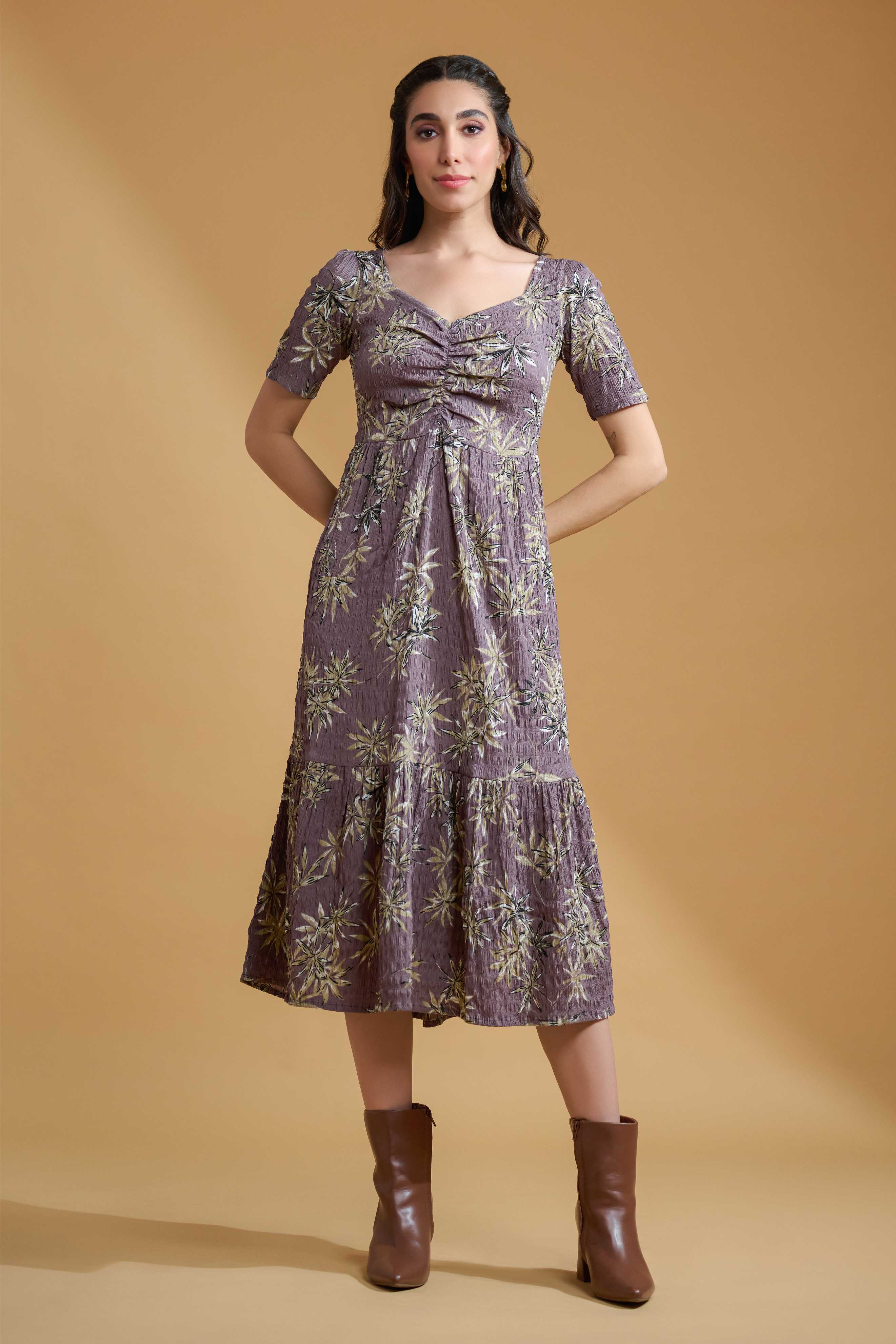 Lavender Poly Lycra Regular Sleeve Tropical Dress