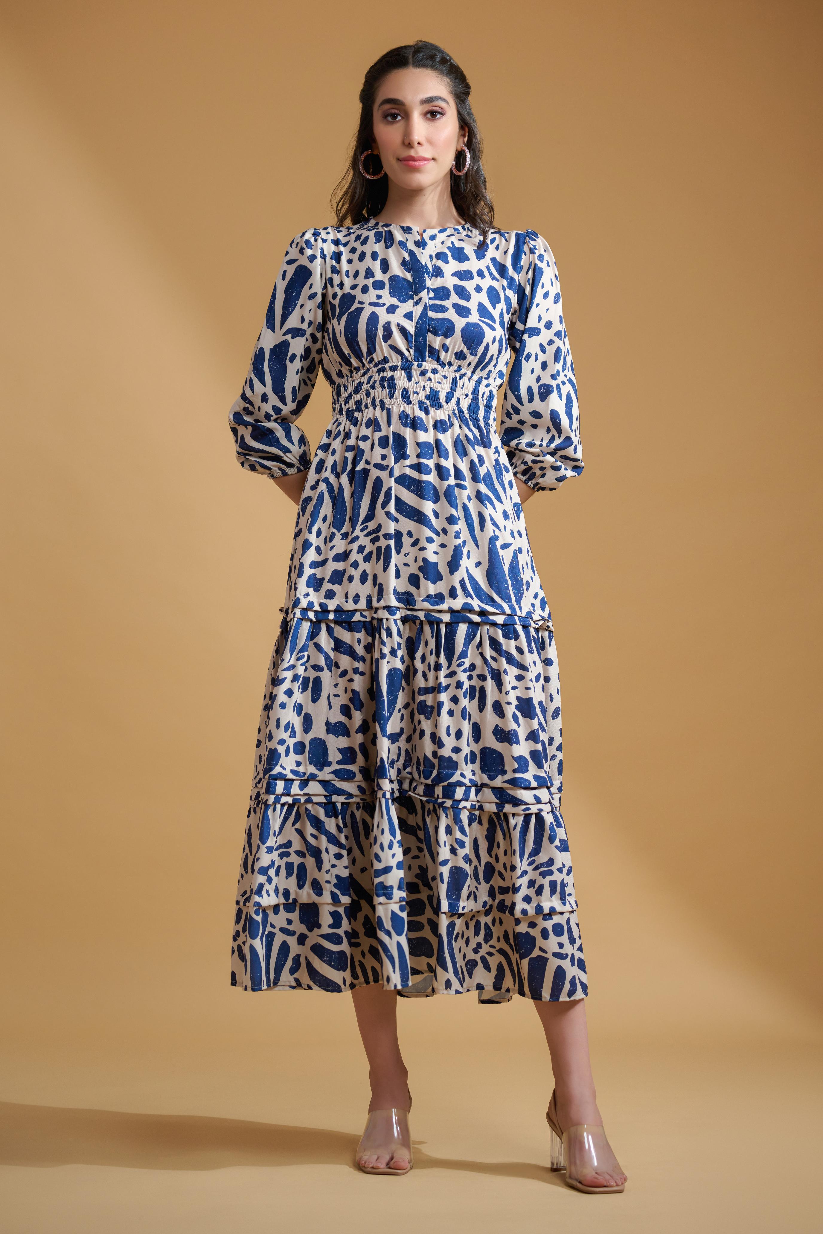 Navy Blue Poly Rayon Abstract Elastic Gathered Dress