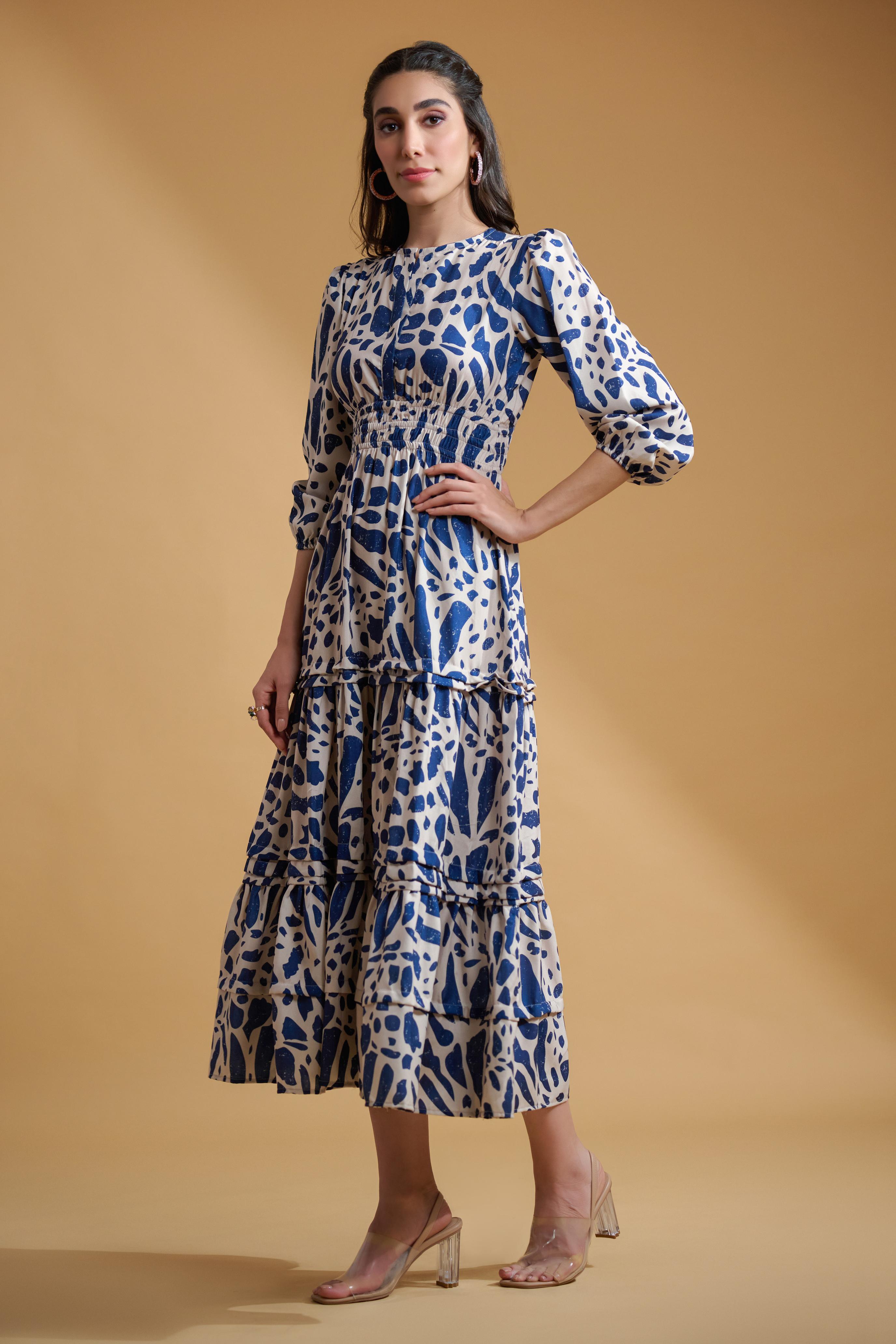 Navy Blue Poly Rayon Abstract Elastic Gathered Dress