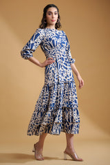 Navy Blue Poly Rayon Abstract Elastic Gathered Dress