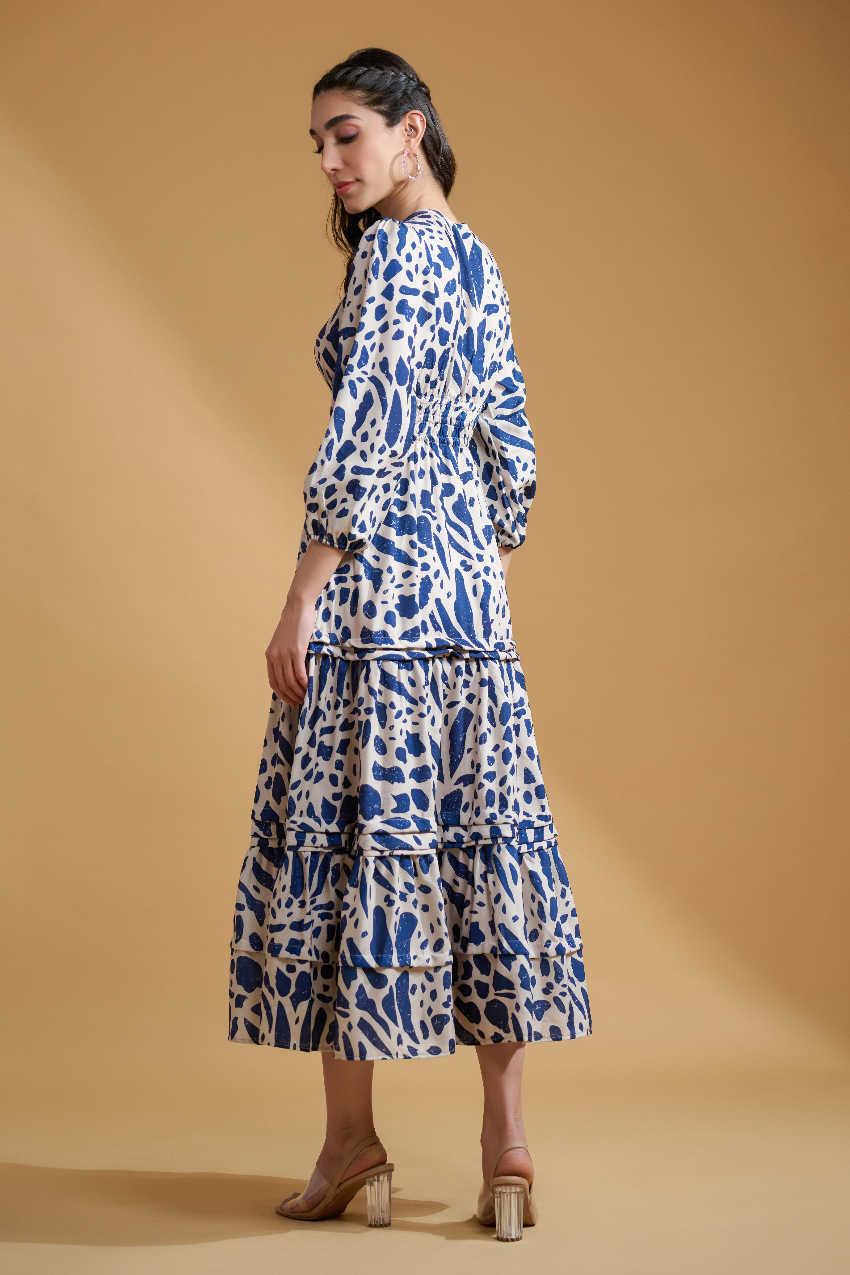 Navy Blue Poly Rayon Abstract Elastic Gathered Dress