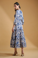 Navy Blue Poly Rayon Abstract Elastic Gathered Dress