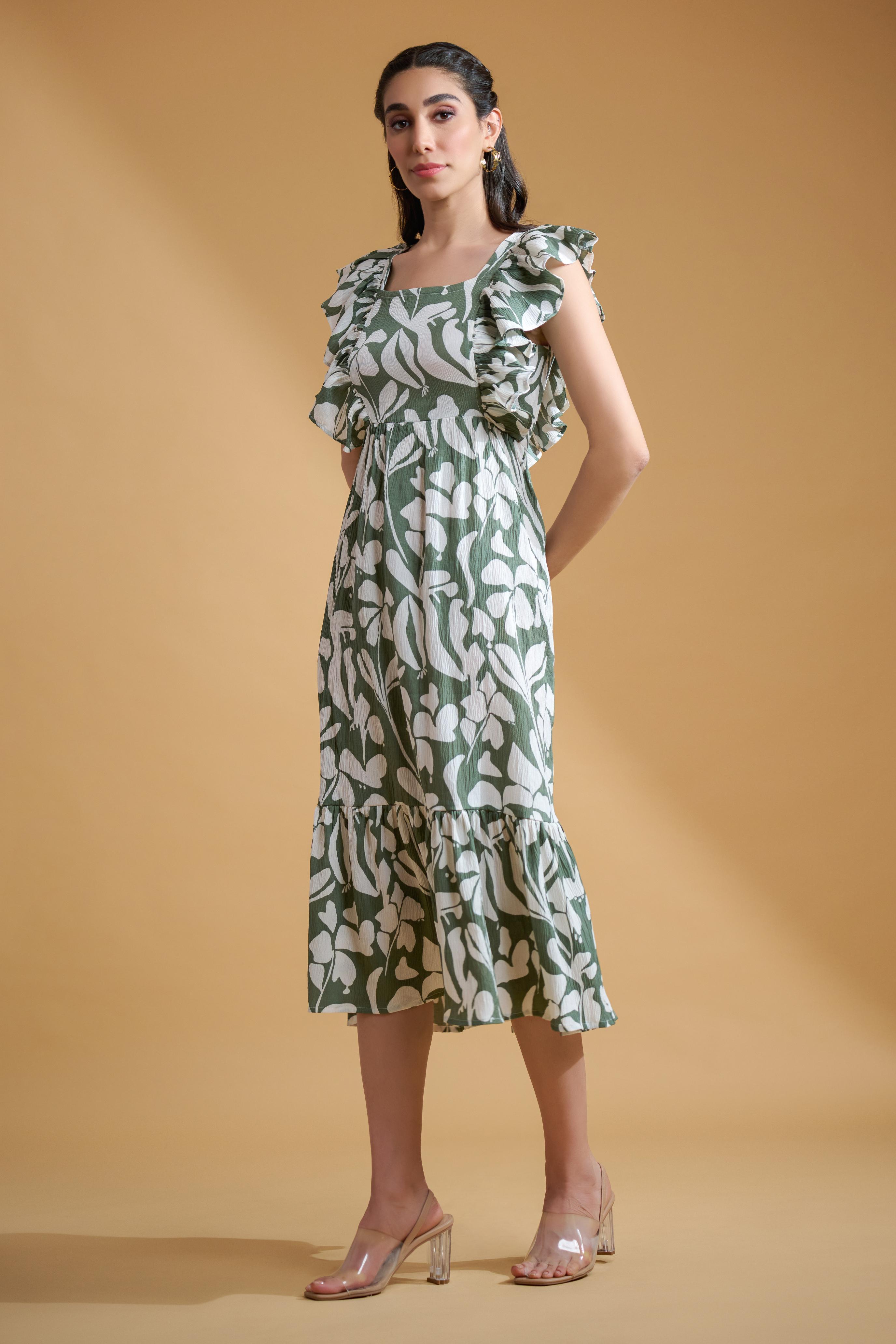 Sea Green Poly Crepe Floral Print Ruffle Sleeve Dress