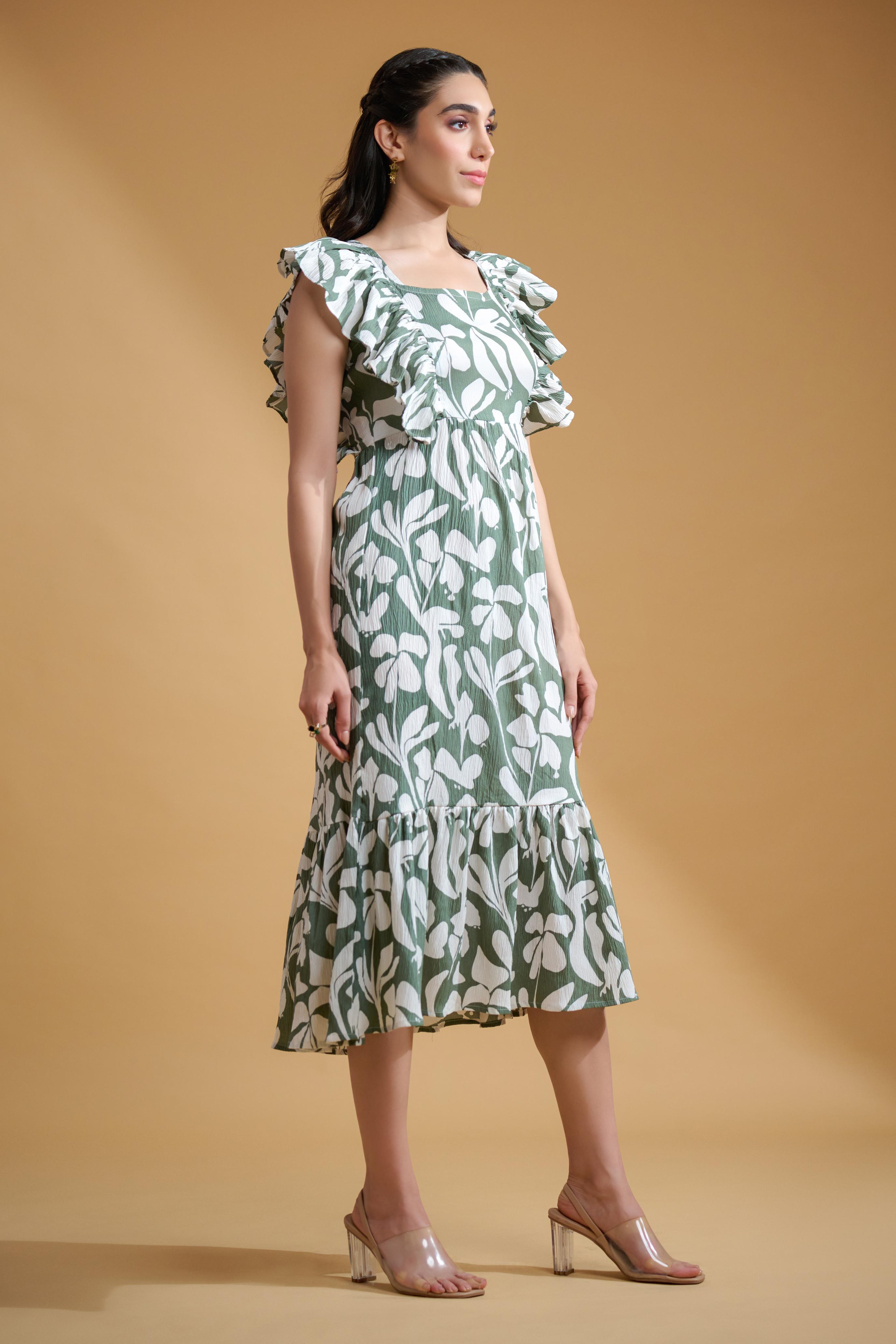 Sea Green Poly Crepe Floral Print Ruffle Sleeve Dress