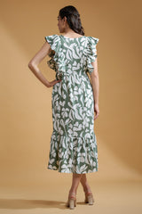 Sea Green Poly Crepe Floral Print Ruffle Sleeve Dress