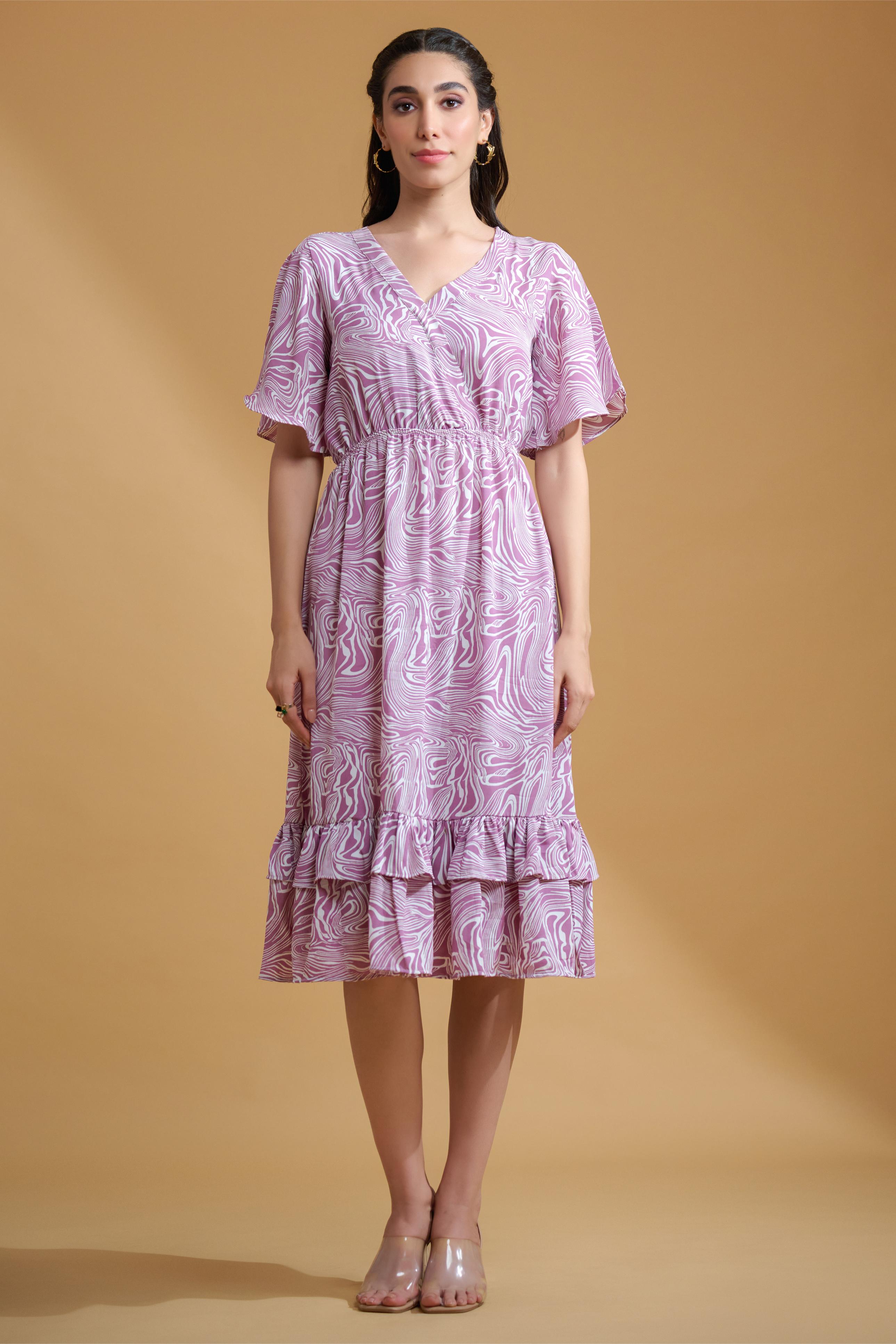 Lavender Poly Crepe Spiral Print Ruffle Sleeve Dress
