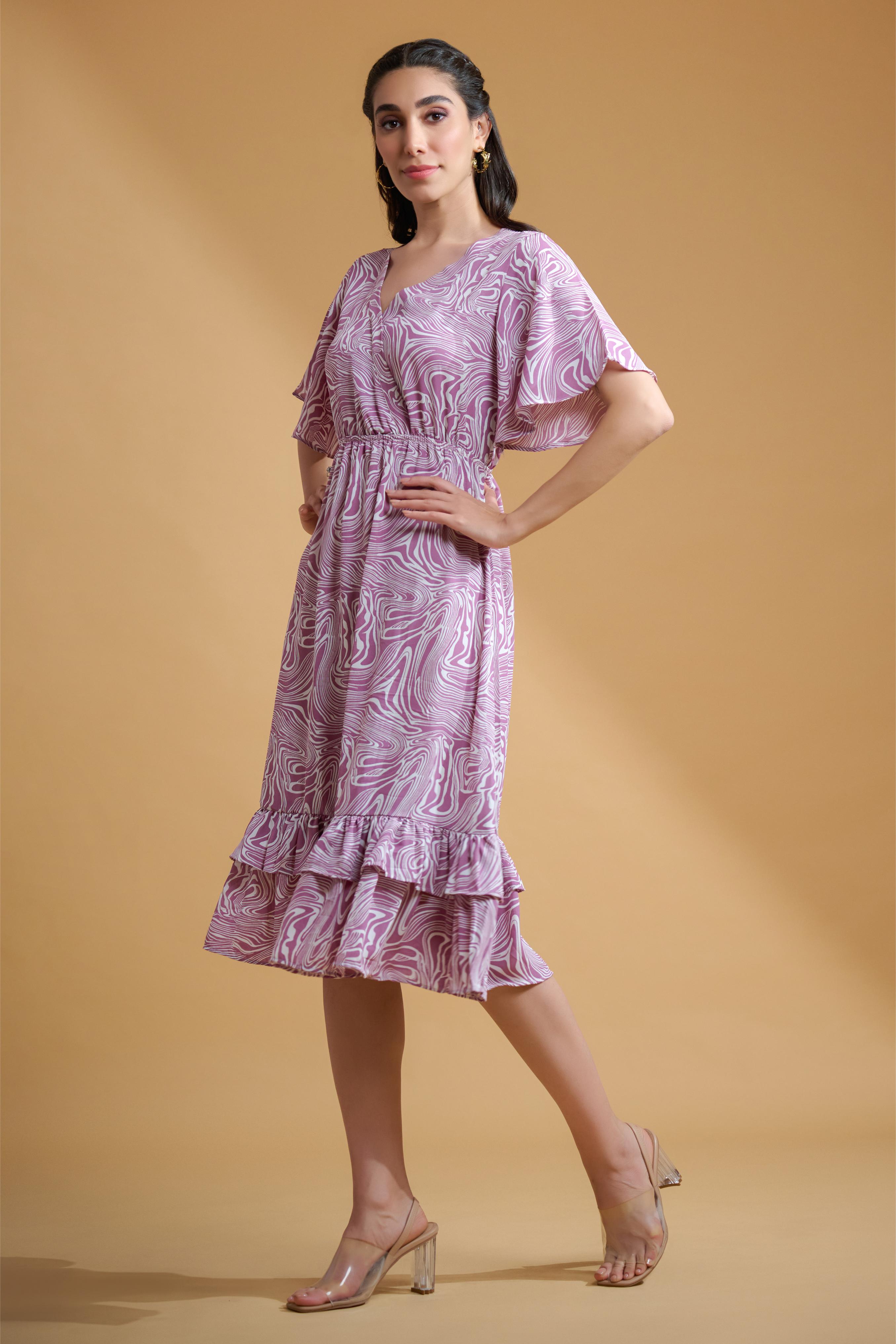 Lavender Poly Crepe Spiral Print Ruffle Sleeve Dress