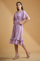 Lavender Poly Crepe Spiral Print Ruffle Sleeve Dress