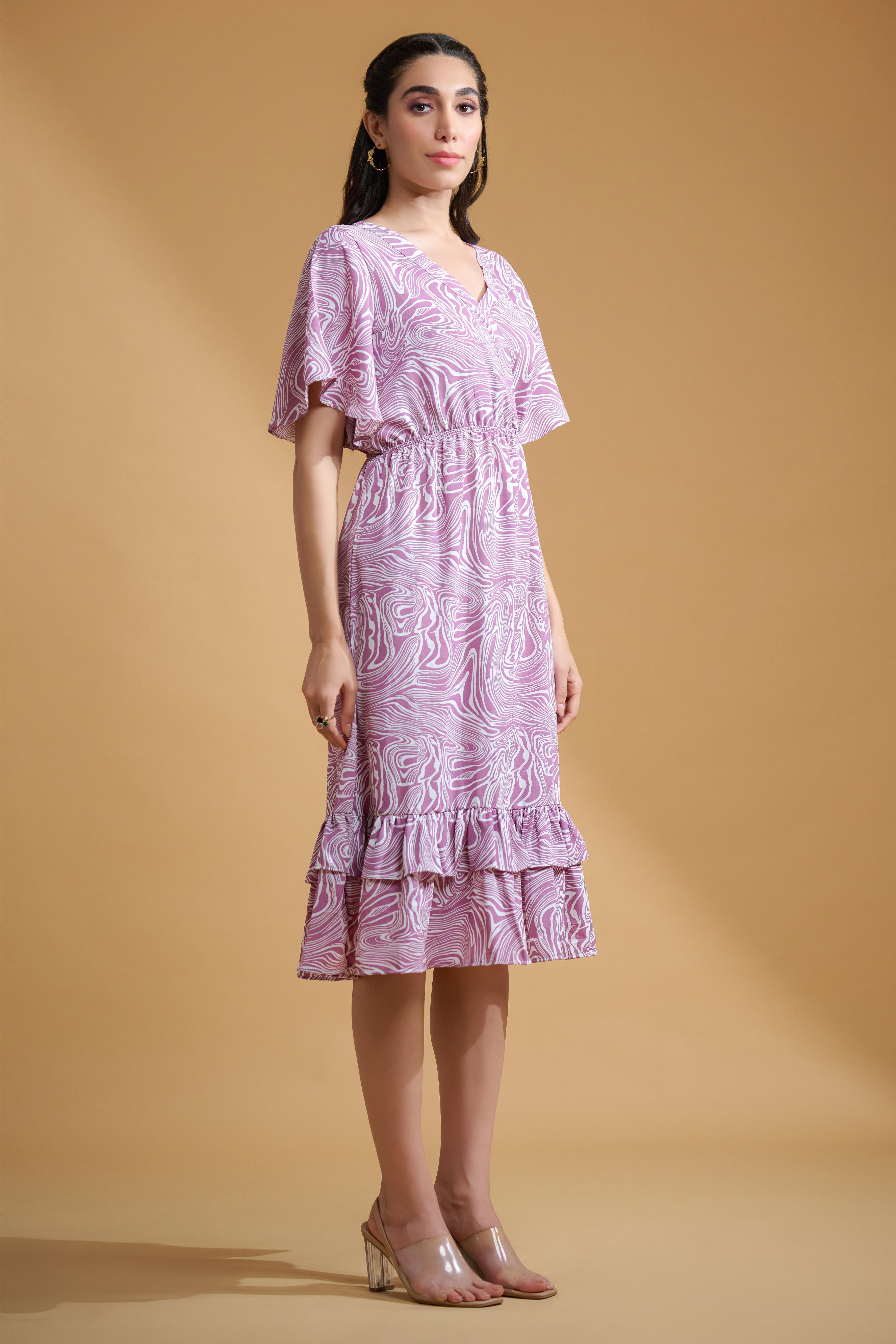 Lavender Poly Crepe Spiral Print Ruffle Sleeve Dress