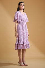 Lavender Poly Crepe Spiral Print Ruffle Sleeve Dress