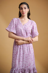 Lavender Poly Crepe Spiral Print Ruffle Sleeve Dress