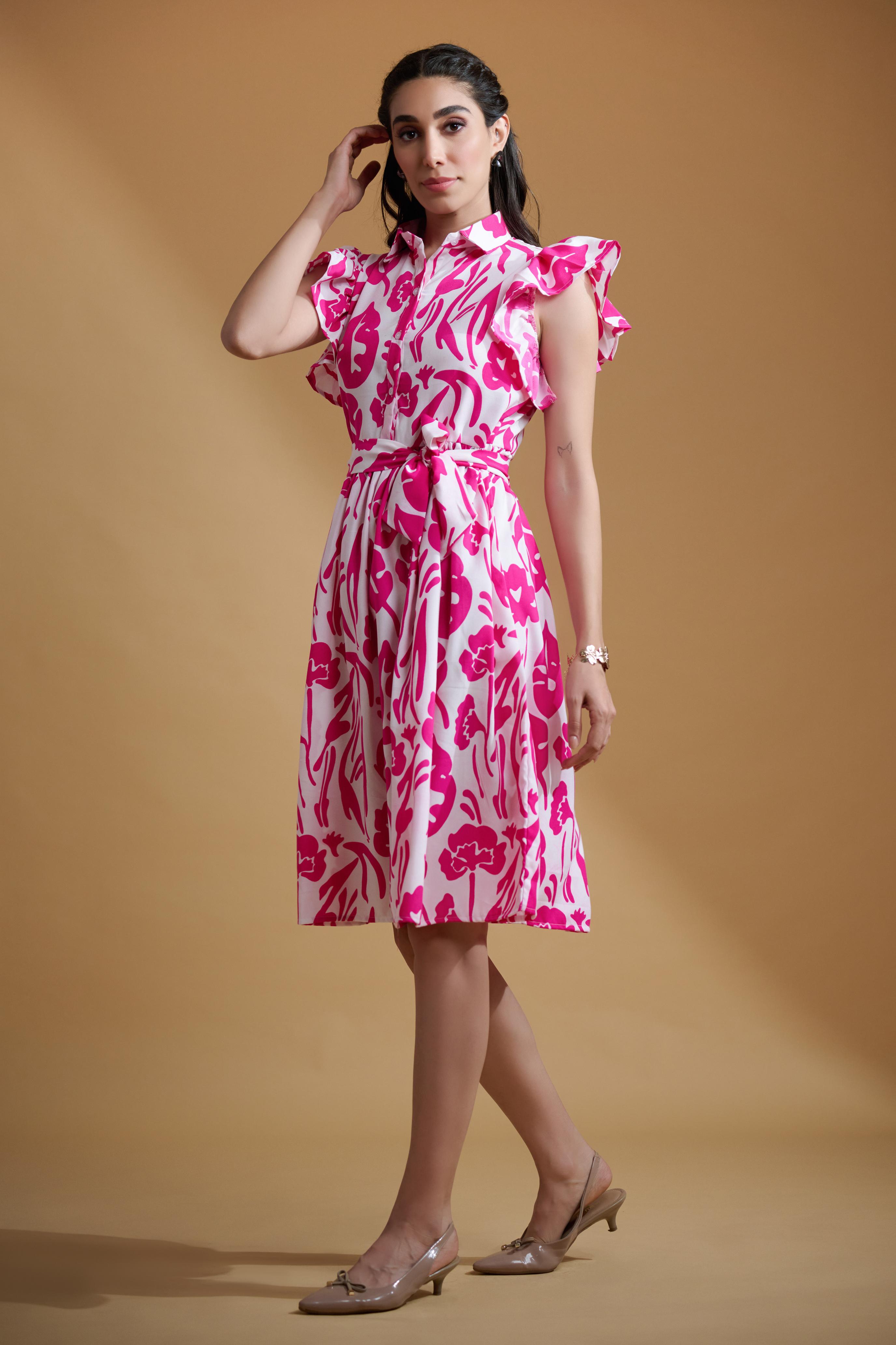 Pink Poly Rayon Leaf Print Ruffle Sleeve Dress
