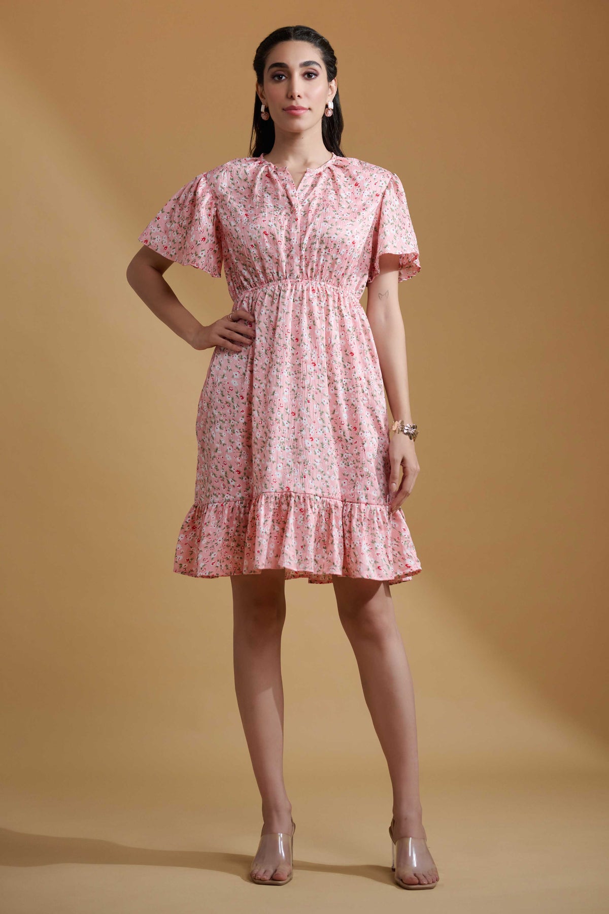 Peach pink Poly Crepe Ruffle Sleeve Floral Print Dress