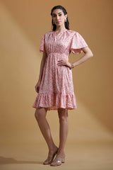 Peach pink Poly Crepe Ruffle Sleeve Floral Print Dress
