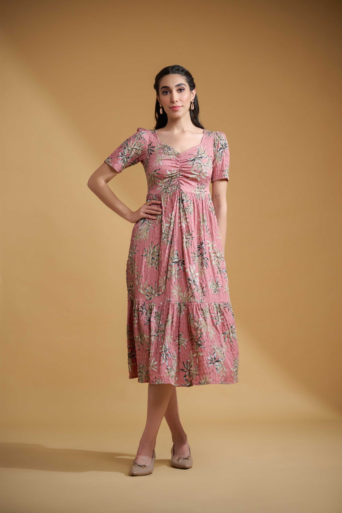 Peach pink Poly Lycra Regular Sleeves Floral Print Dress