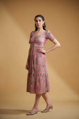 Peach pink Poly Lycra Regular Sleeves Floral Print Dress