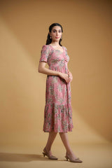 Peach pink Poly Lycra Regular Sleeves Floral Print Dress