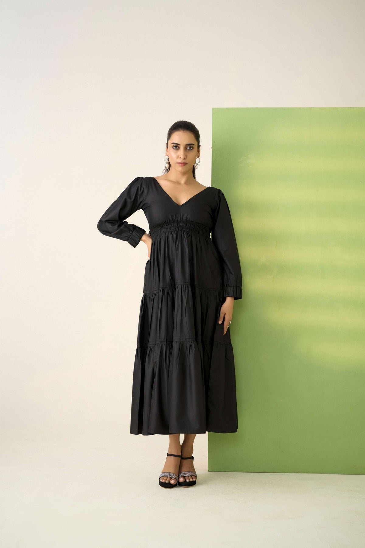 Black Poly Cotton Bishop Sleeves Self Design Dress
