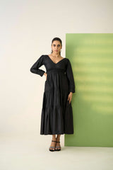 Black Poly Cotton Bishop Sleeves Self Design Dress