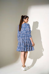Blue Poly Crepe Elastic Gathered Floral Print Dress