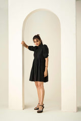 Black Poly Cotton Puff Sleeves Self Design Dress