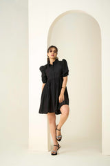 Black Poly Cotton Puff Sleeves Self Design Dress