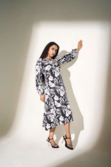 Black-White Poly Satin Gathered cuff Floral Print Dress