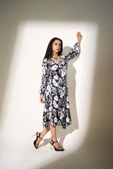 Black-White Poly Satin Gathered cuff Floral Print Dress