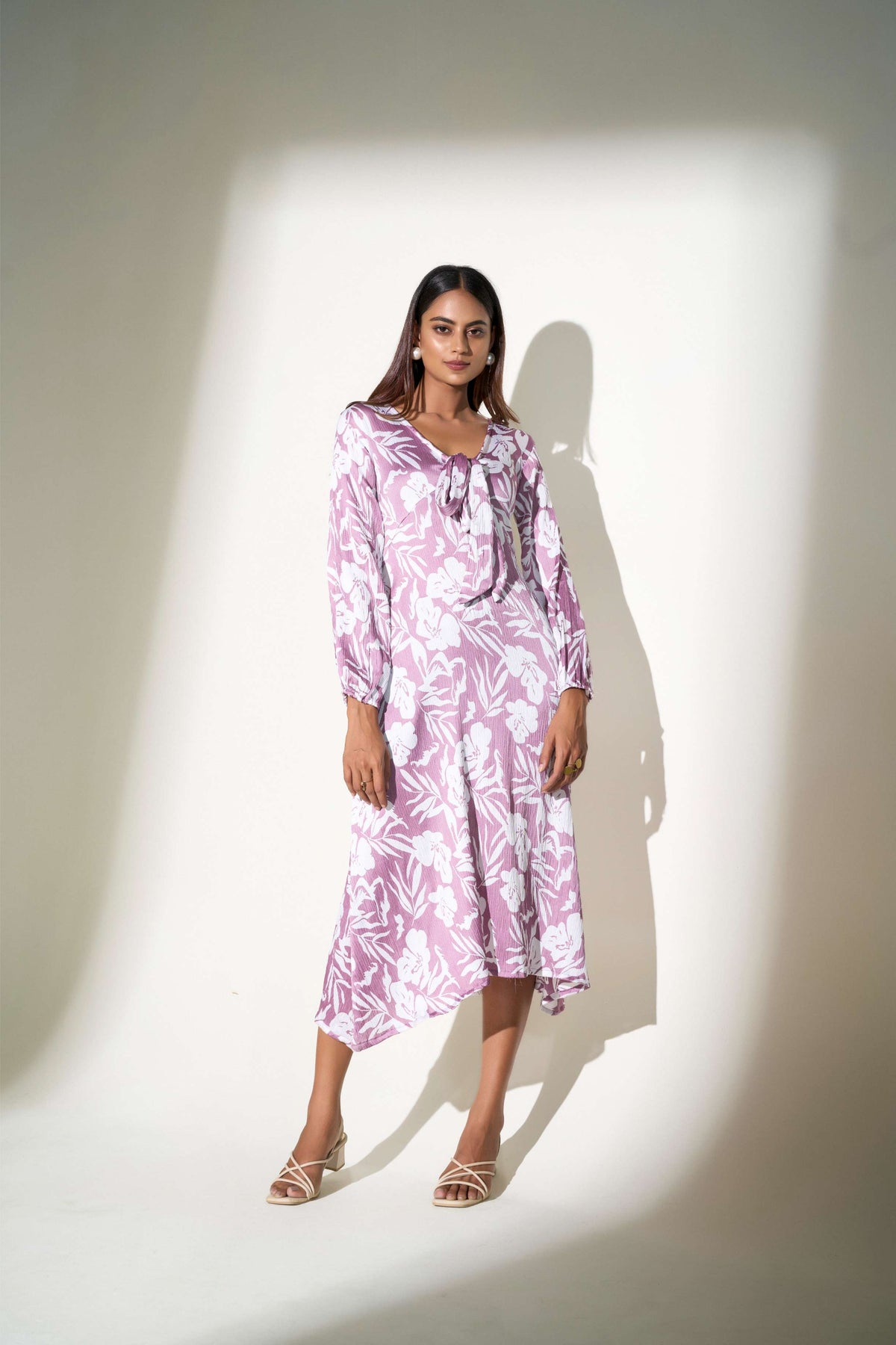 White-Lavender Poly Satin Gathered cuff Floral Print Dress