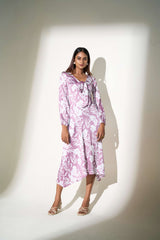 White-Lavender Poly Satin Gathered cuff Floral Print Dress